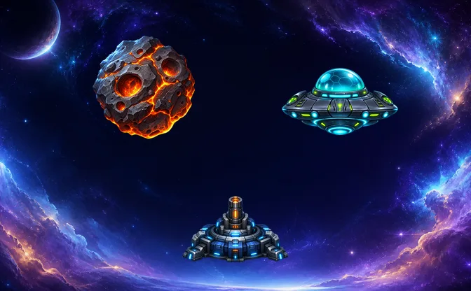 宇宙空間で隕石とUFOを砲台が迎撃するイメージ
