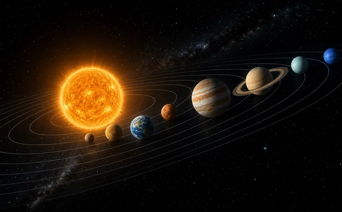 太陽と8惑星が軌道上に並ぶ太陽系のイメージ