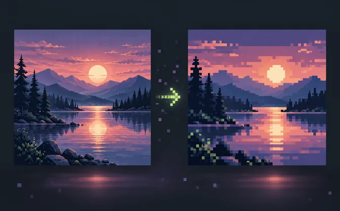ドット絵へ変換する夕暮れの湖のイメージ