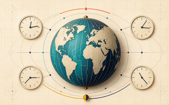 地球儀の周囲に異なる時刻の4つの時計が配置されたイメージ